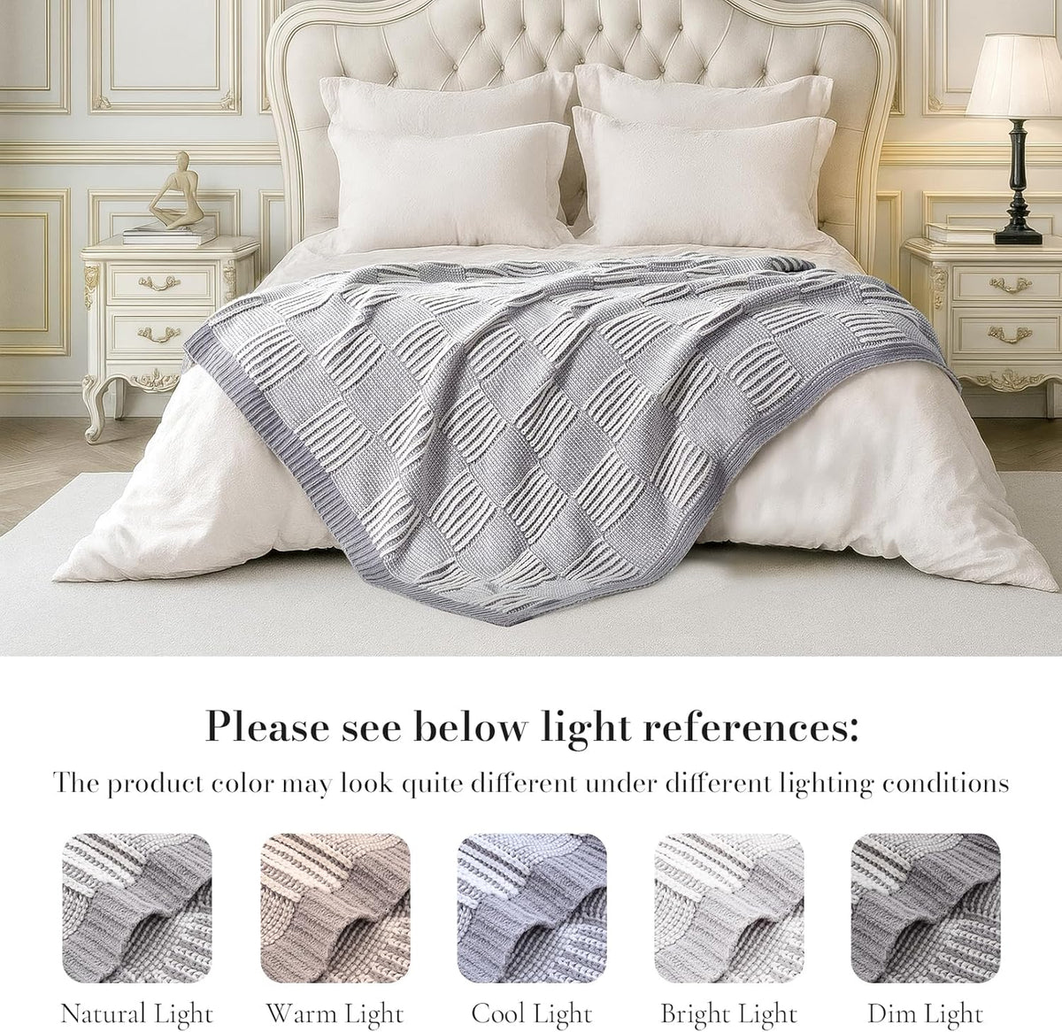 Amélie Home Chenille Knit Throw Blanket for Couch, Checkered Texture Decorative Soft Blanket for Sofa, Bed & Living Room, 50"x60", Grey & White