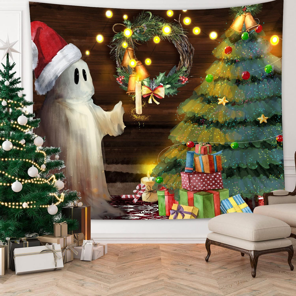 QGHOT Christmas Tapestry Wall Hanging Christmas Tree Backdrop Cute Ghost Wall Decor Xmas Holiday Tapestries for Kids Bedroom Living Room Dorm Party Decoration, Extra Large