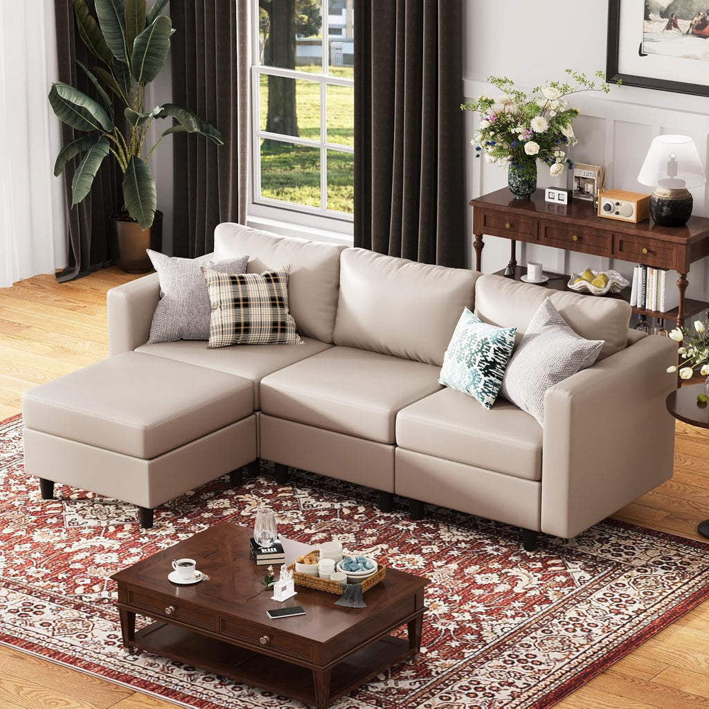 91.5" Faux Leather Modular Sectional Sofa, L Shaped Couch Set for Living Room, 3-Seater Comfy Cloud Couches with Movable Storage Ottoman,DIY Combination - Whitesand