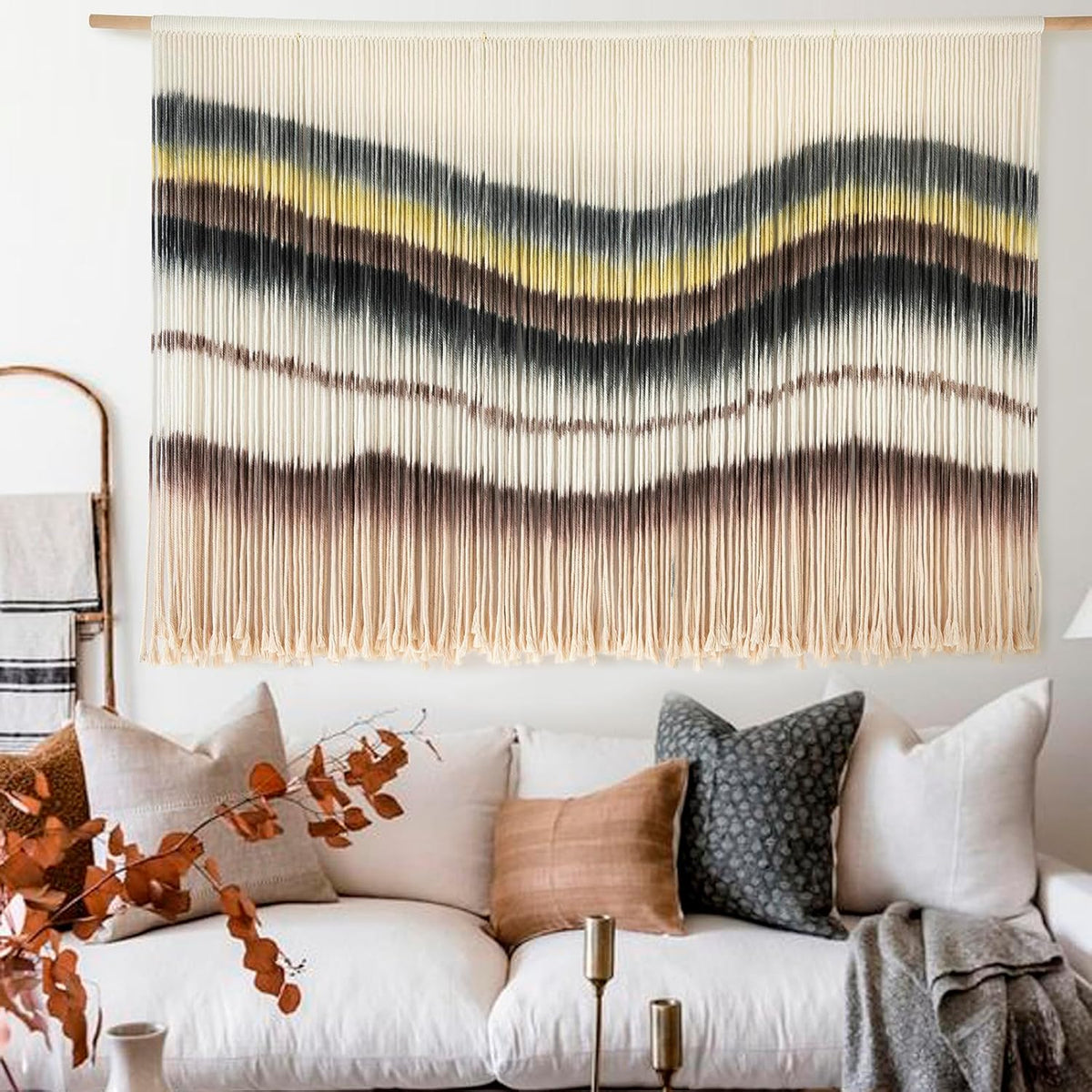 Macrame Wall Hanging Boho Chic Wall Art Macrame Wall Decor Fiber Yarn Tapestry Dip-Dye Living Room Home Bedroom Wall Decor 57" Wx 35" L