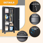 61" H Metal Storage Cabinet, Utility Cabinets with Locking Doors, Laundry Cabinet with Hanging Rod, Garage Tool Storage Cabinets for Home Office, Garage, Bathroom (Black)