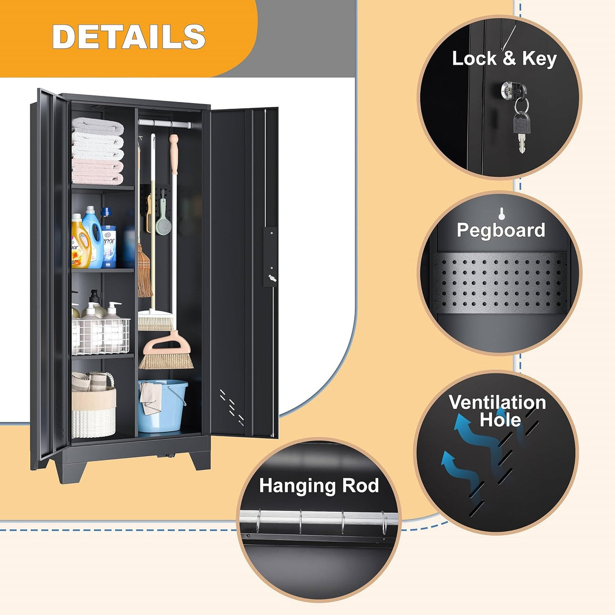 61" H Metal Storage Cabinet, Utility Cabinets with Locking Doors, Laundry Cabinet with Hanging Rod, Garage Tool Storage Cabinets for Home Office, Garage, Bathroom (Black)