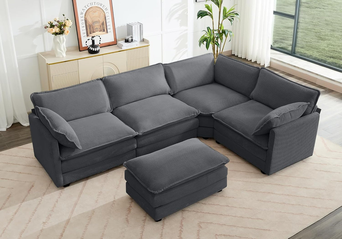 ROWHY 113'' Modular Sectional Cloud Couch, 5 Seater Corner Sofa Big Comfy Corduroy Oversized L Shaped Couch with 2 Pillows, Ottoman, Deep Seat Sectional Couches for Living Room Office, Dark Grey