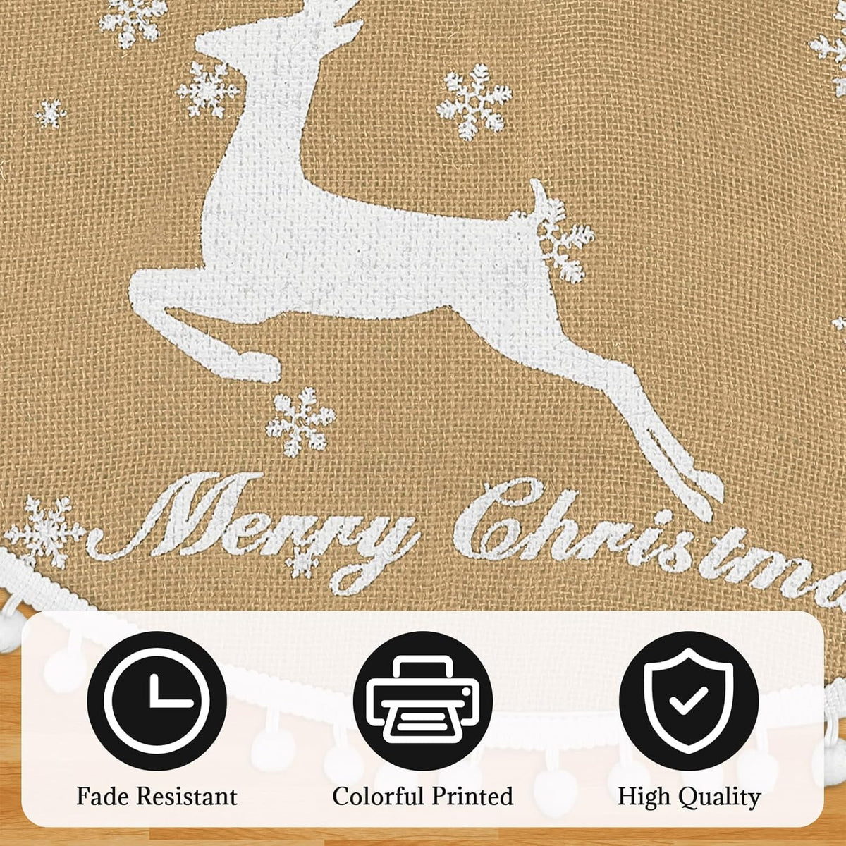36 Inch Christmas Tree Skirt, Burlap Linen Color Christmas Rustic Tree Skirt with Elk Deer and White Snowflake Printed for Holiday Party Xmas Tree Decoration