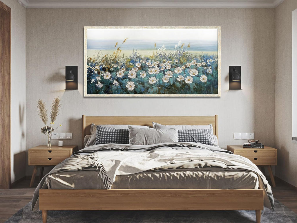 Arjun Flowers Wall Art Canvas White Daisy Floral Painting Blue Coastal Landscape Picture Modern Artwork for Living Room Bedroom Bathroom Dinning Room Office Home Wall Decor Large Framed 48"x24"