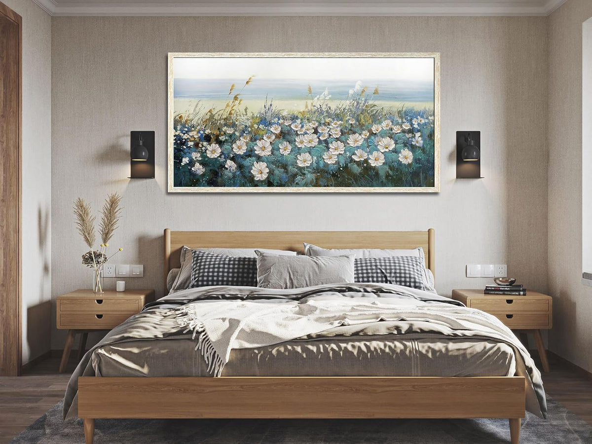 Arjun Flowers Wall Art Canvas White Daisy Floral Painting Blue Coastal Landscape Picture Modern Artwork for Living Room Bedroom Bathroom Dinning Room Office Home Wall Decor Large Framed 48"x24"