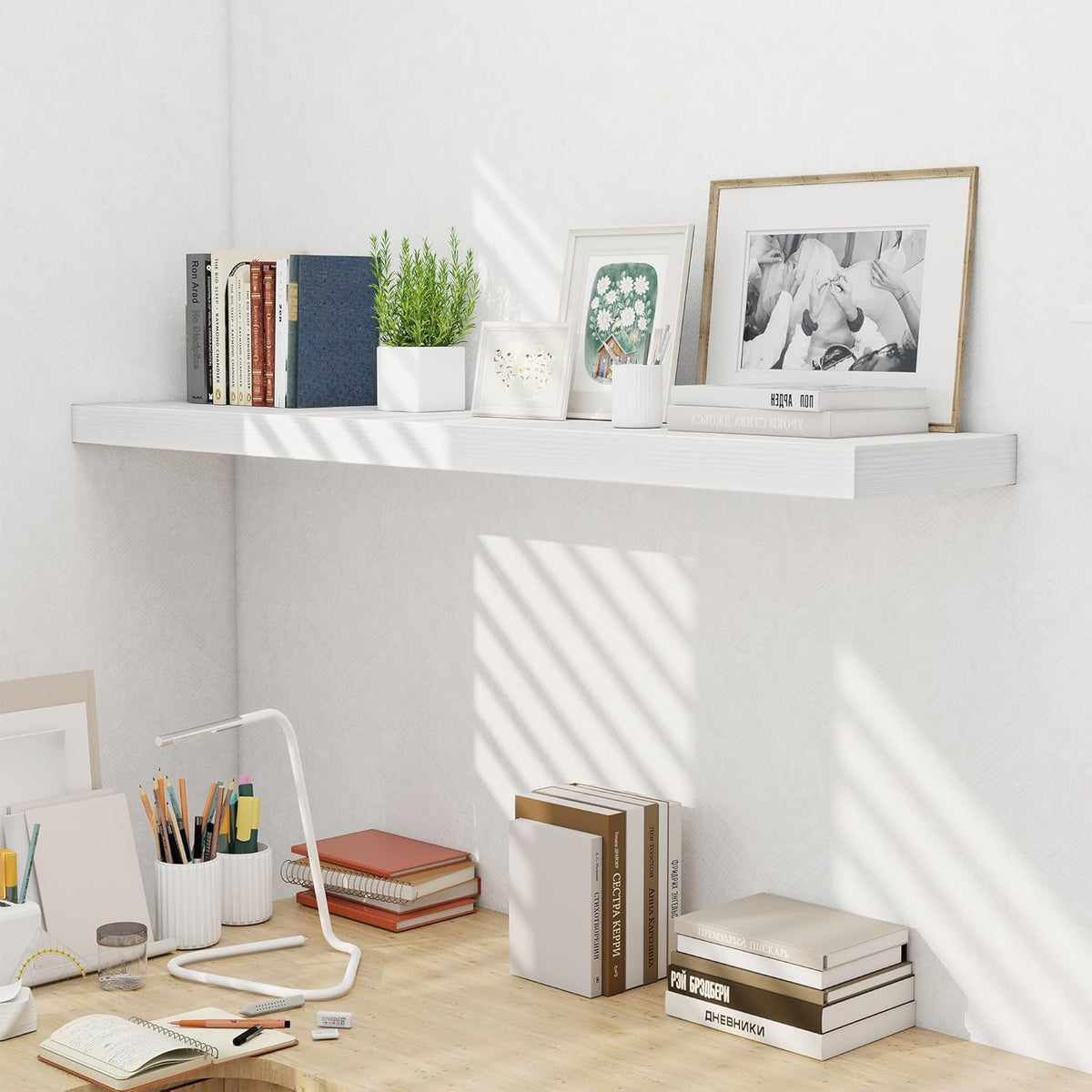Fun Memories 55 Inch Fireplace Mentel Shelf, 10 Inch Deep Shelves for Display & Wall Storage, Rustic Wood Wall Shelf, Extra Long Floating Shelves for Living Room Laundry Room, White, Set of 1