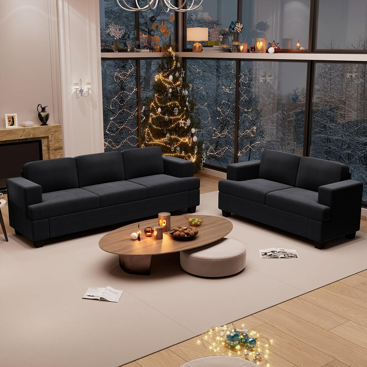 2 Pieces Corduroy Couch Set for Living Room, Black Cloud Sofa, Deep Seat Floor Couch for Bedroom, Futon Modern Sofa Sectional Bed, Black Corduroy
