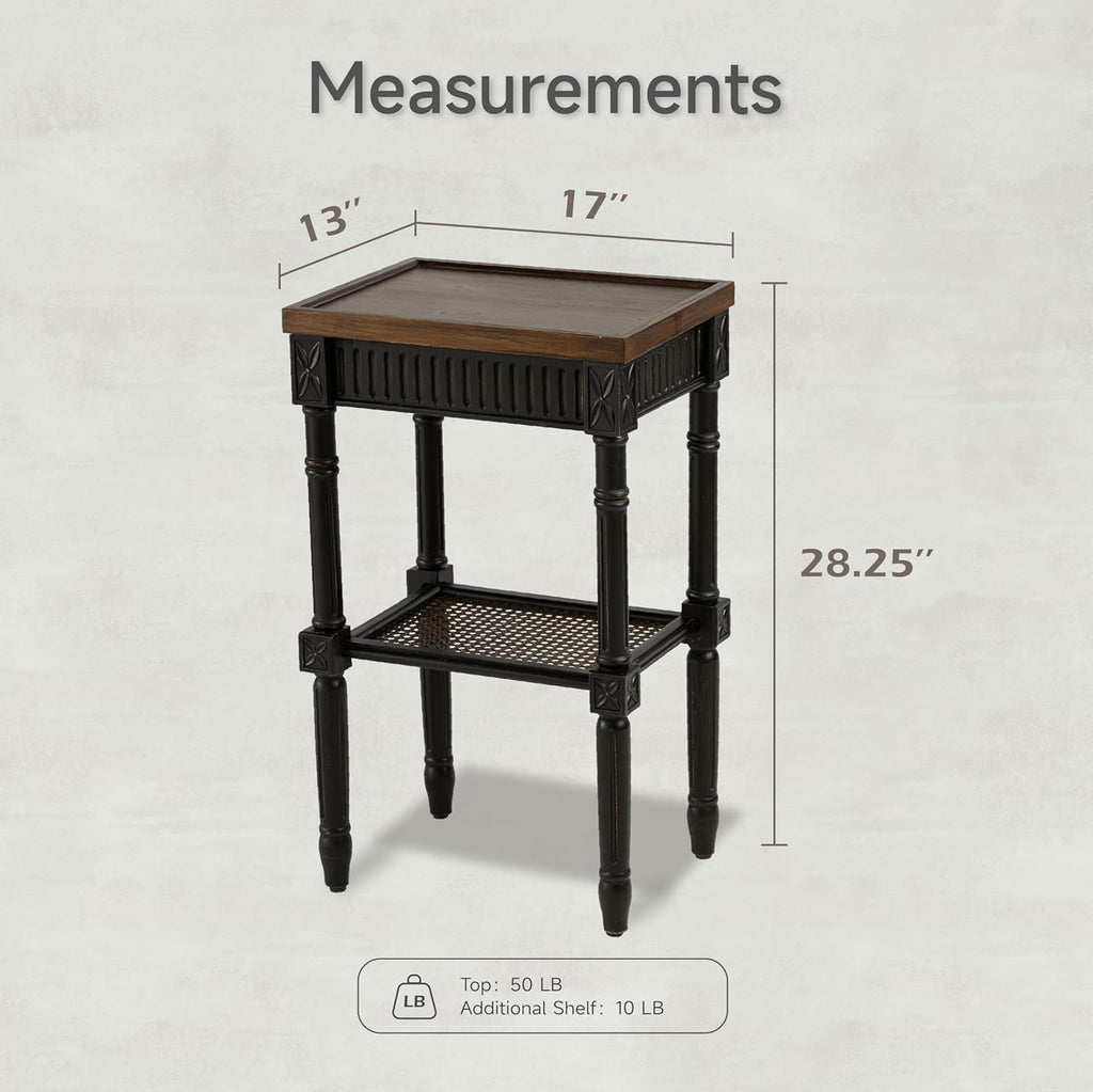 Rustic Farmhouse Cottagecore Accent End Table Set of 2, Distressed Accent Side Table with Espresso Tray Top and Woven Wicker Shelf, Boho, French Country Decor, Square, Weathered Brown & Black