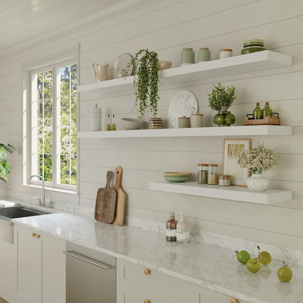 Large Floating Shelves for Wall Set of 2 Wooden Wall Shelves 24 in x 12.75 in x 2 in Room Decor Long Shelf with Invisible Wall Mount Bracket for Bedroom Kitchen Living Room White