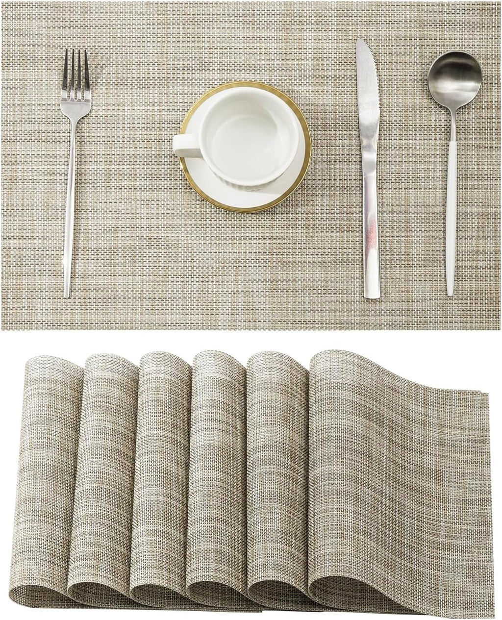 Leetaltree Linen Yellow Placemats Set of 6 - Heat Resistant Non-Slip Place mats for Dining Table, Washable Durable PVC Vinyl Woven Table Mats（Linen Yellow, 6）