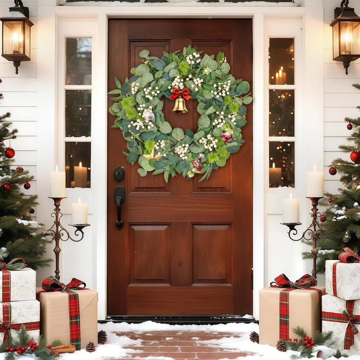 GENMOUS 24Inch Artificial Eucalyptus Wreath for Front Door, Christmas Wreaths with Ivory Berries Silver Dollar, Green Wedding Home Wall Door Hanging Decor All Seasons, Holiday Thanksgiving Halloween