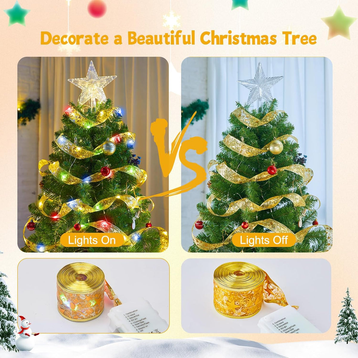 Christmas Tree Ribbon String Lights - 33ft 100 LED Battery Powered Fairy Lights with Timer and 8 Lighting Mode, Ribbon Bows Lights for 6ft - 8ft Christmas Tree New Year Decor, Gold Ribbon, Multi-color