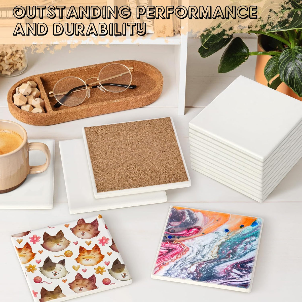Ceramic Tiles for Crafts, GOH DODD 24 Pack Unglazed Blank Coasters with Cork Backing for Halloween Christmas Alcohol Ink Painting Acrylic Pouring Art Projects Gifts Wedding, Square, 4 Inch, White