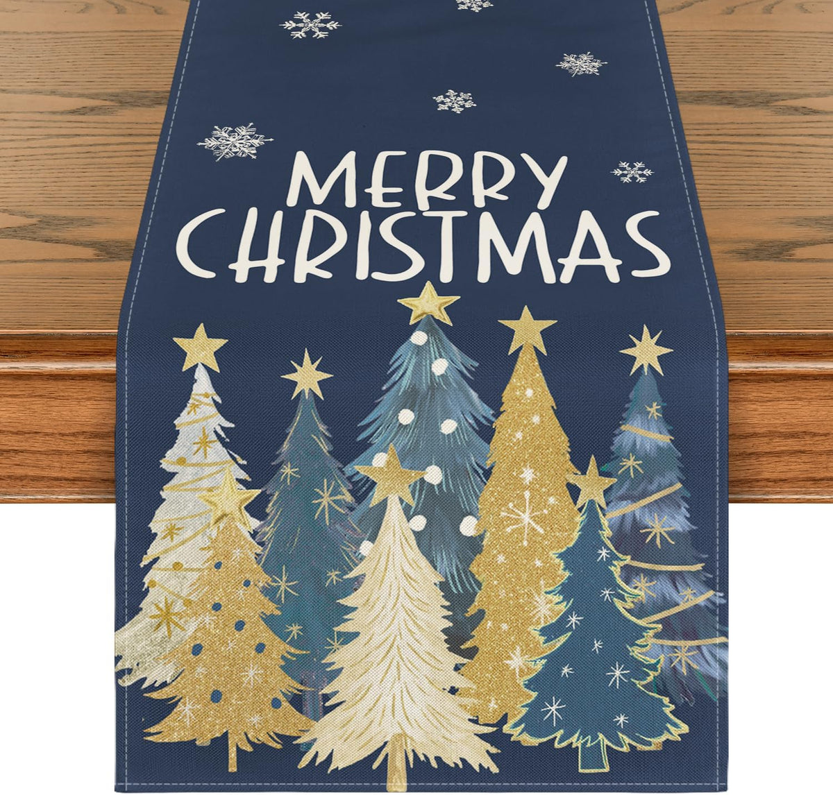 Artoid Mode Xmas Trees Snowflakes Blue Merry Christmas Table Runner, Winter Seasonal Kitchen Dining Table Decoration for Home Party Decor 13x72 Inch