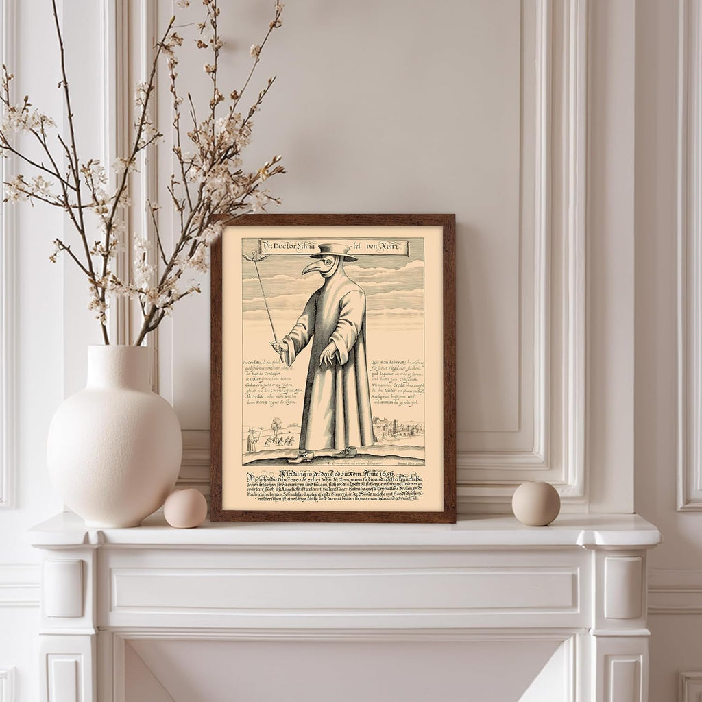 Poster Master Vintage Medieval Poster - Retro Illustration Print - Gift for Friend - Plague Doctor, Pandemic Mask, Physician, Black Death - Wall Decor for Home, Living Room, 8x10 Brown Framed