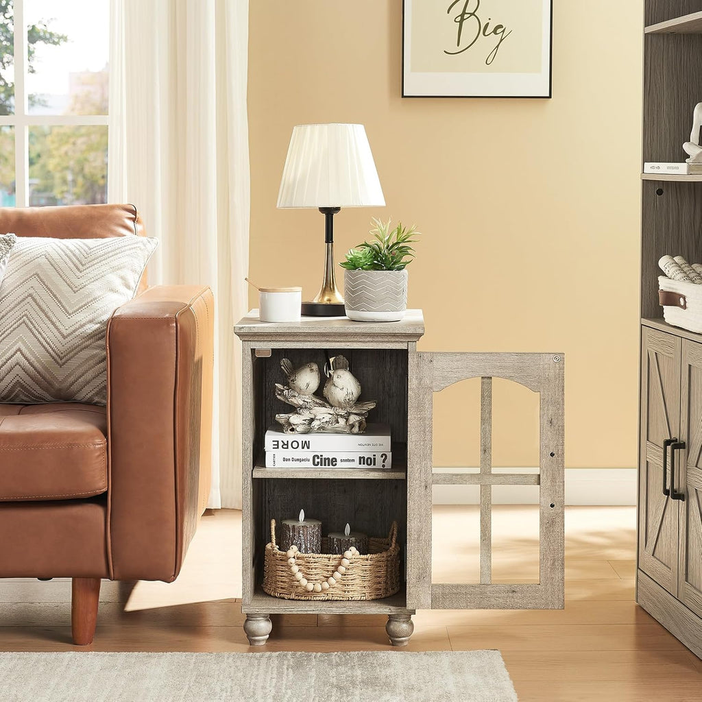 Narrow Side Table,Farmhouse Nightstand with Charging Station,Wood End Table with Glass Barn Door Storage, Cabinet Organizer with Adjustable Shelf, Night Stand for Small Spaces for Living Room Bedroom