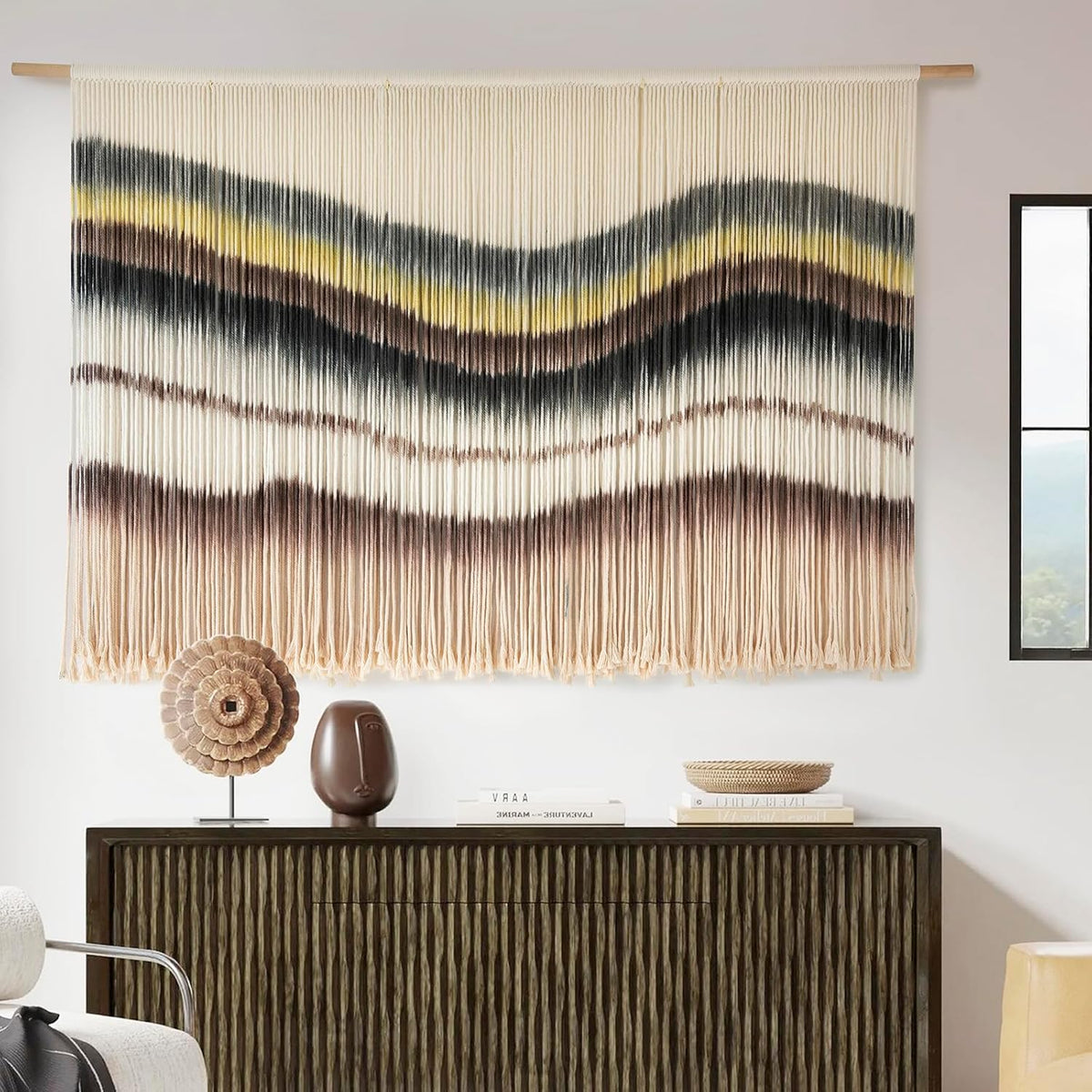 Macrame Wall Hanging Boho Chic Wall Art Macrame Wall Decor Fiber Yarn Tapestry Dip-Dye Living Room Home Bedroom Wall Decor 57" Wx 35" L