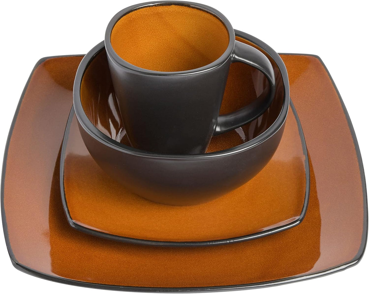 Gibson Elite Soho Lounge Square Reactive Glaze Stoneware Dinnerware Set, Service for 4 (16pc), Amber