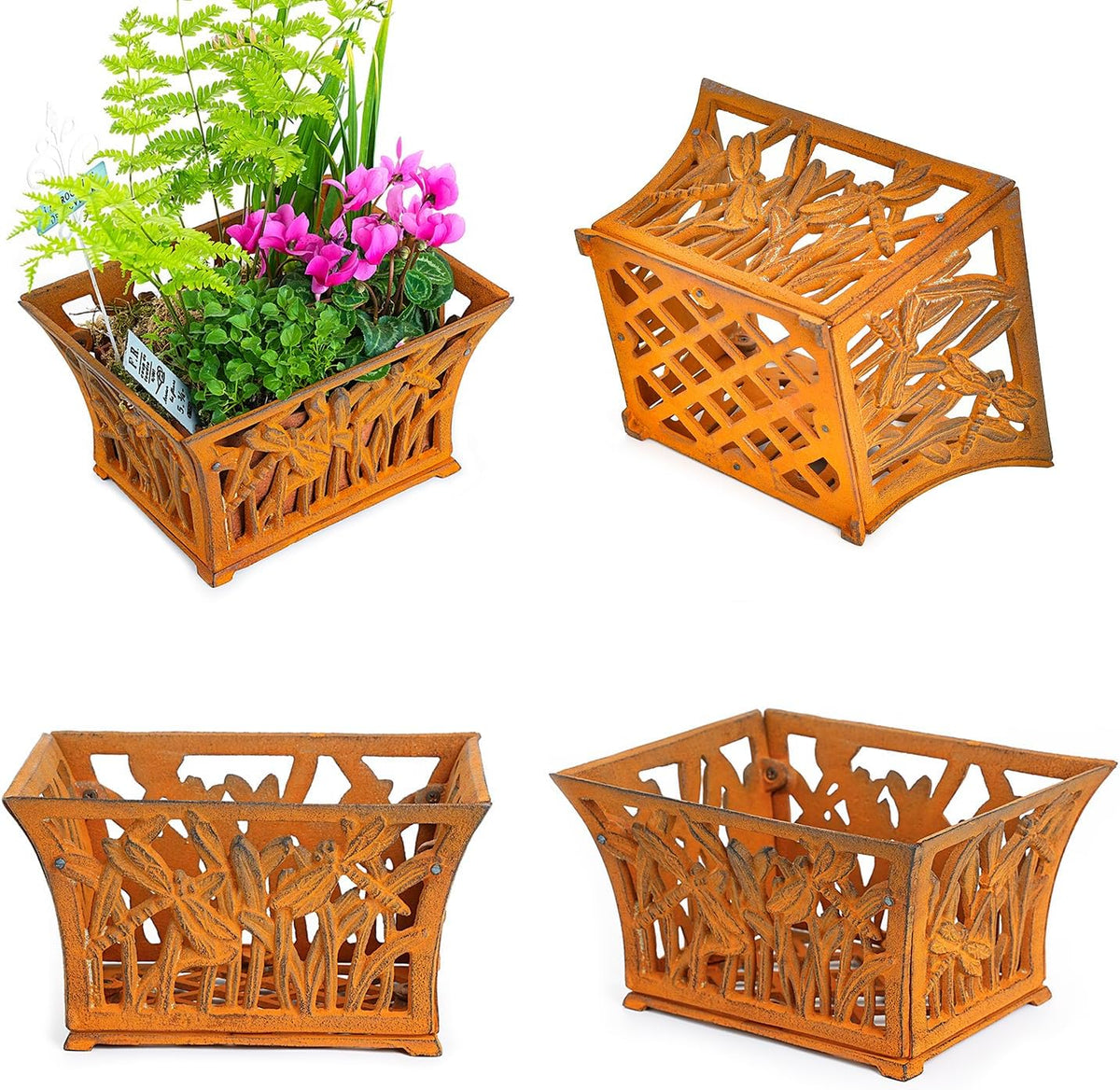 Sungmor Heavy Duty Cast Iron Planter Basket w/Non-Woven Growing Bag, Unique Shape & Beautiful Pattern Design, Hollow Orchid Flower Pot Garden Tools Holder, Full Rusted French Country Decor Container