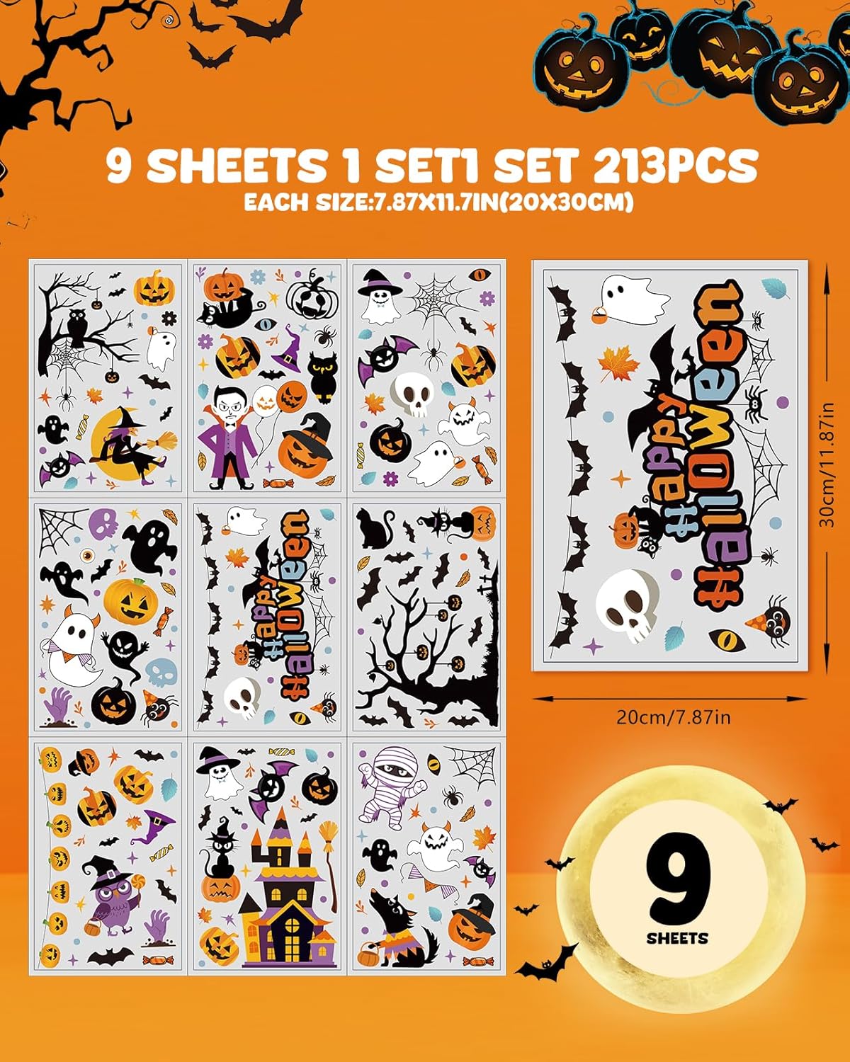 Halloween Window Clings - 9 Sheets 213 Pcs Happy Halloween Window Decorations Indoor for Home Party Eyes Pumpkin Ghost Bats Witch Stickers for Glass Double-Sided Removable Static Glass Decals