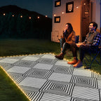 6x9ft Waterproof Outdoor Rug with LED Lights, Foldable Reversible Plastic Straw Mat for Patio RV Camping Picnic Balcony Beach Deck Indoor Outdoor Carpet, Black&White