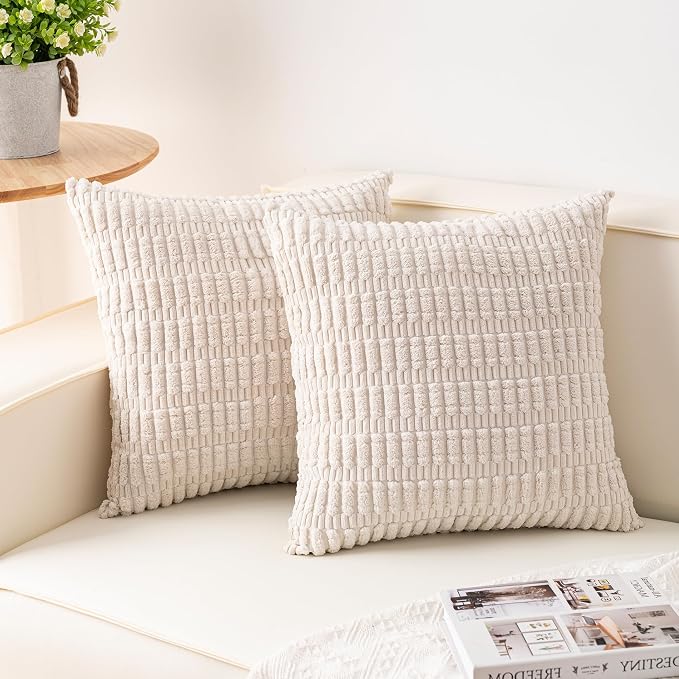 Pack of 2 Corduroy Decorative Throw Pillow Covers 26x26 Inch, Cream White | by Unknown