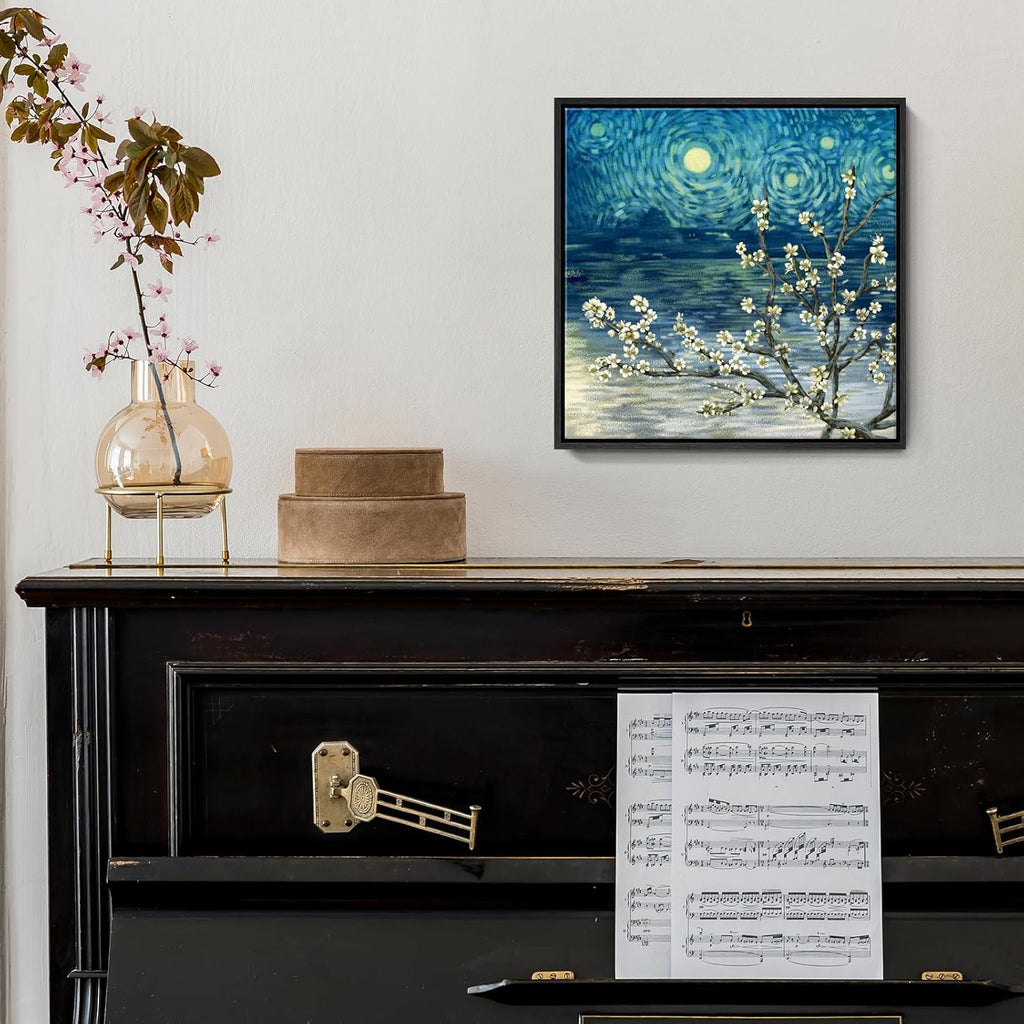 Framed Wall Art Bathroom Décor Modern Floral Tree Canvas Picture Plum Blossom Starry Night Flower Canvas Print Abstract Lake Blue Teal Yellow Painting for Modern Living Room Bedroom Office Décor Small
