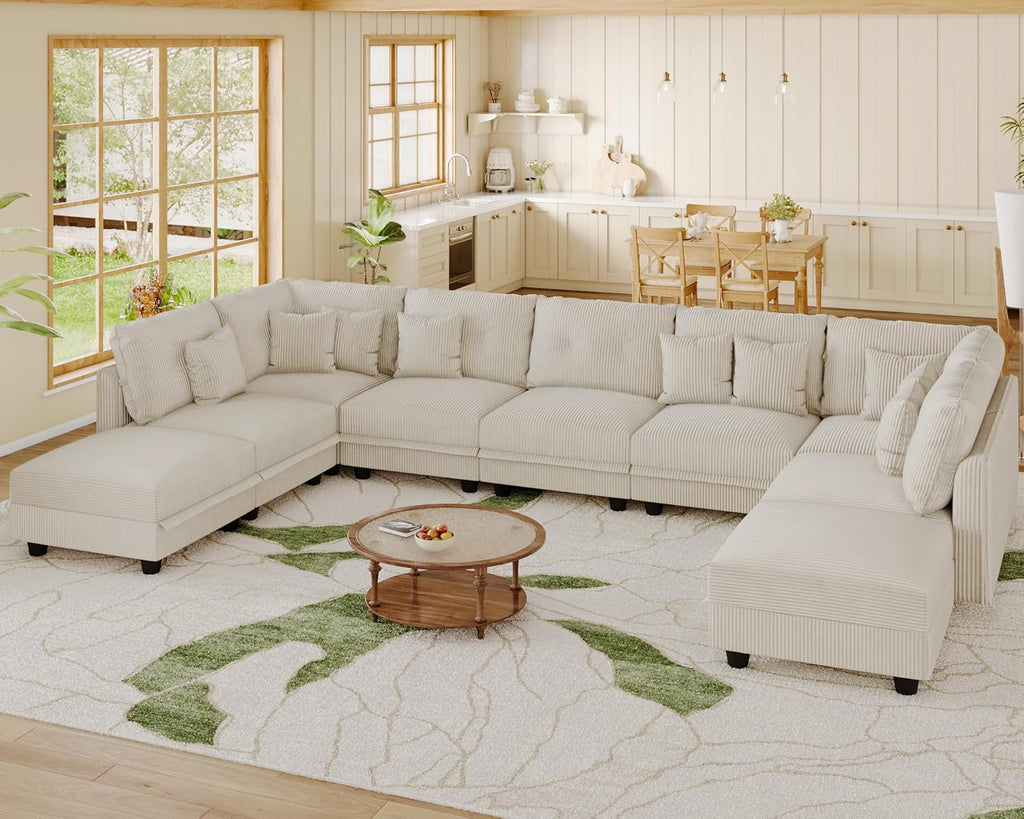 LLappuil Modular Sectional Sofa with Storage Seats, Corduroy Convertible Modular U Shaped Sectional Couch for Living Room, 9 Seat Oversized Sofa with 9 Back Cushion 9 Throw Pillow, Beige