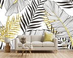 -Black and Gold Tropical Botanical Banana Leaf Fabric Wallpaper Living Room Bedroom Bathroom Abstract Plant Wall Mural- 91"x65"（ not Peel and Stick）