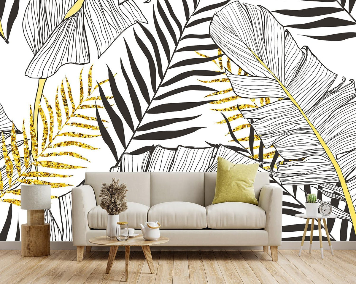 -Black and Gold Tropical Botanical Banana Leaf Fabric Wallpaper Living Room Bedroom Bathroom Abstract Plant Wall Mural- 91"x65"（ not Peel and Stick）