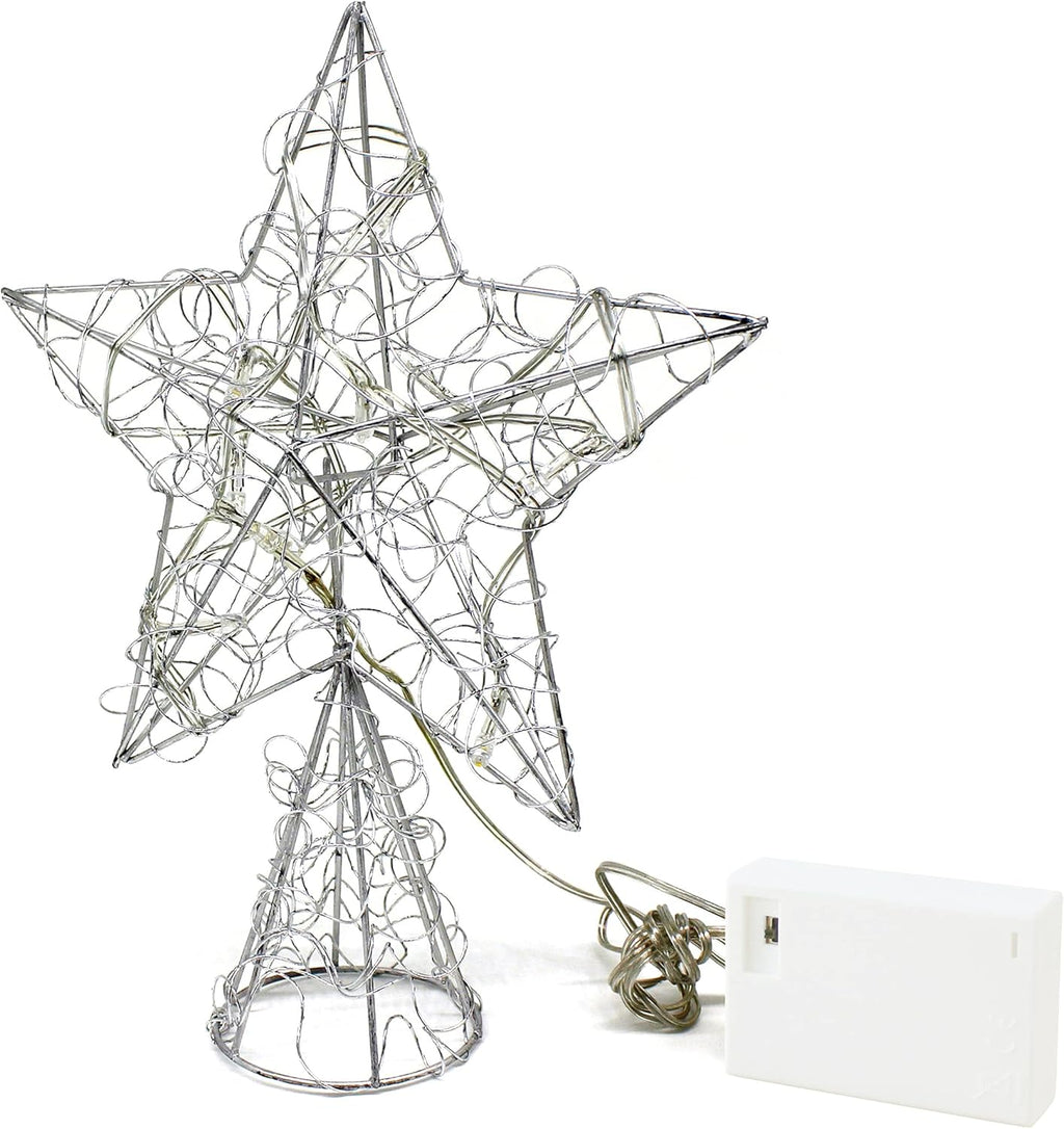 CVHOMEDECO. Silver Wire Twine Tree Top Star with Bright White LED Lights and Timer for Christmas Ornaments and Holiday Seasonal Décor, 8 x 10 Inch