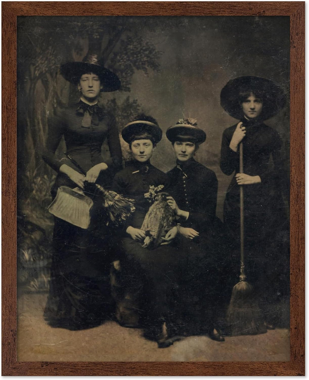 Poster Master Vintage Photograph Poster - Retro Halloween Print - Gift for Artist, Friend - Four Witches Wearing Robes, Sabbath, Coven, Sorcery - Wall Decor for Home, Office, 8x10 Brown Framed