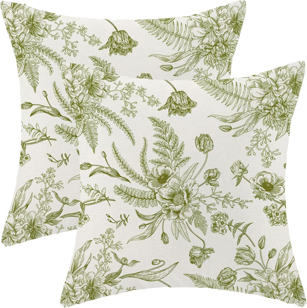 CXMEIFLY Sage Green Spring Pillow Covers 24 x 24 Inch Set of 2 for Chinoiserie Flowers Decor Throw Pillows Floral Leaves Seasonal Plant Outdoor Decorative Cushion Cases for Couch Bed Decorations