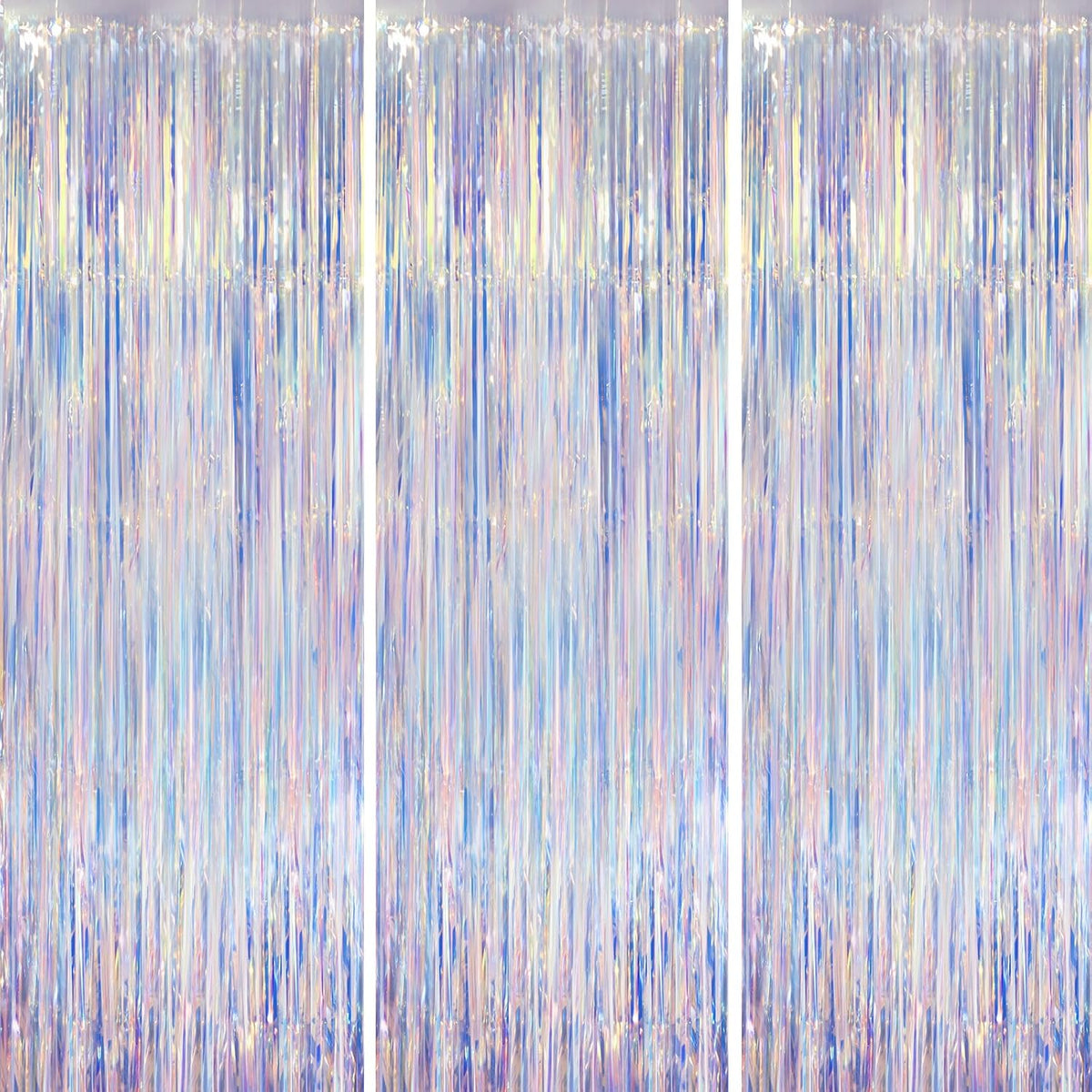 Iridescent Party Backdrop 3Packs Transparent Tinsel Foil Fringe Curtain for Frozen Mermaid Sea Birthday Party Decorations, 3.3x8.2ft Streamers Backdrops