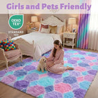 Checkered 8x10 Area Rugs for Living Room, Fluffy Purple Rainbow Girls Rug | - Image 7