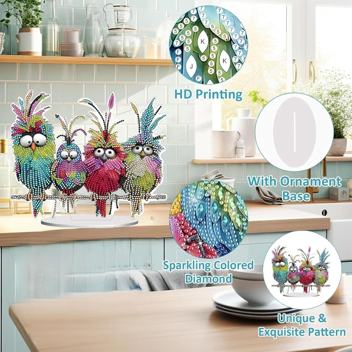 Diamond Painting Kits for Adults Beginners, 5D Full Drill Birds Crystal Art Desktop Ornament, DIY Single Sided Home Office Desk Decor, Creative Craft Gift Set with Tools