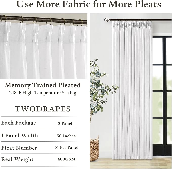 Semi Sheer Pinch Pleated Boho Linen Window Curtains 63 Inch Long 2 Panels | - Image 5