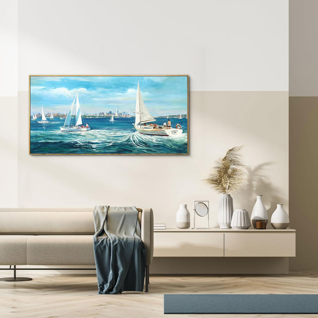 XLSJERST Blue Canvas Wall Art Seascape Painting - Landscape Picture Textured Navy Modern Sailboat Ocean Artwork Framed for Living Room Bedroom Bathroom Home Office Wall Decor Large Size 20"x40"
