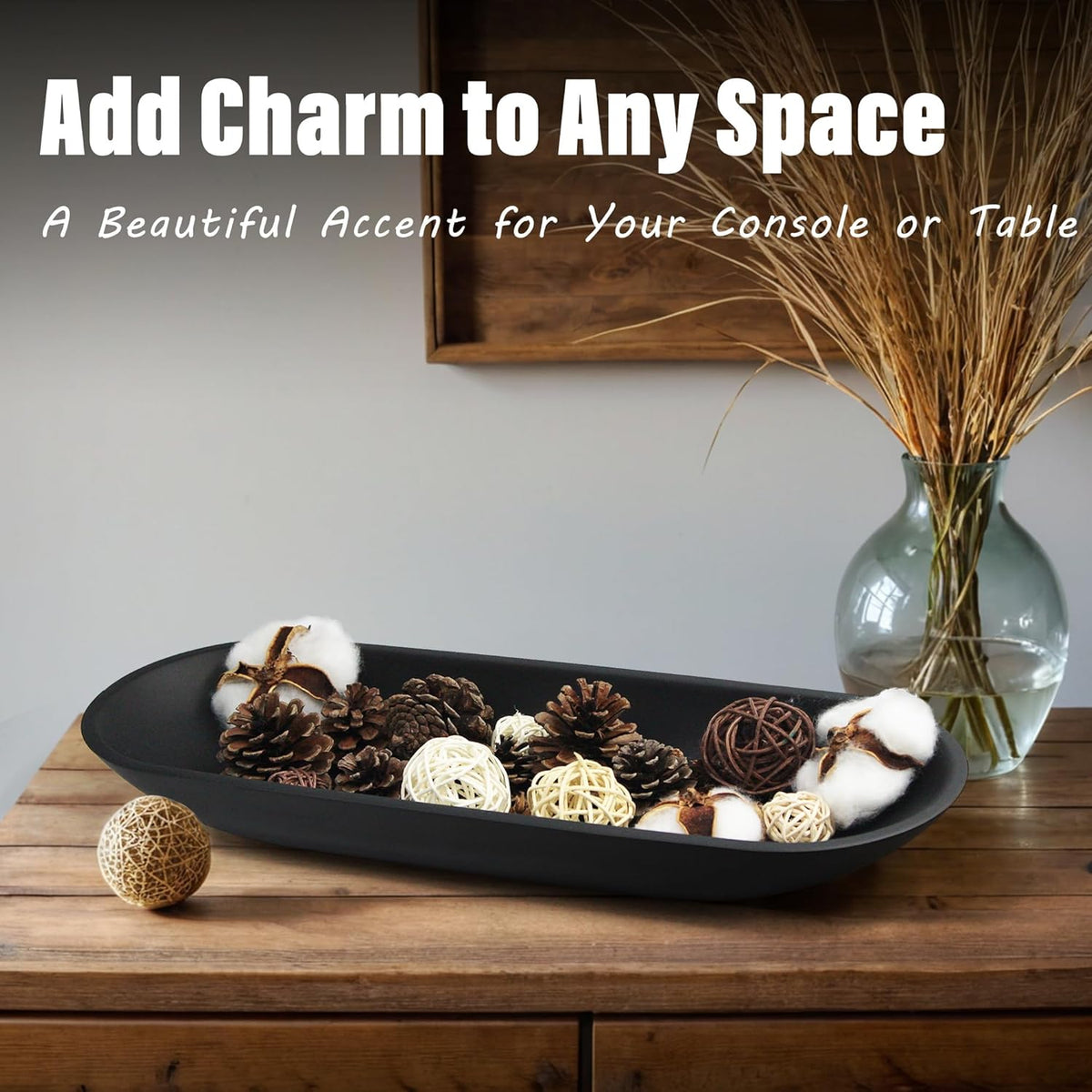 Large Decorative Bowl for Home Decor - Long Dough Bowl with Anti Slip Base for Table Centerpieces - Black Minimalist Design Dough Decor Bowl for Coffee Table, Dining Table Centerpiece