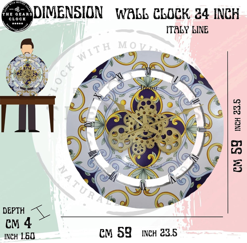 The Gears Clock Wall Clock Italy Collection with Moving Gears (Positano, 24 inch Round)