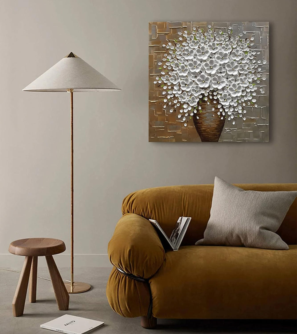 Epicler Hand Painted 3D Oil Painting on Canvas 24x24 inch White Flower Art,Morden Canvas Wall Paintings, Metal Textured Gold and Silver Background White Flower Artwork