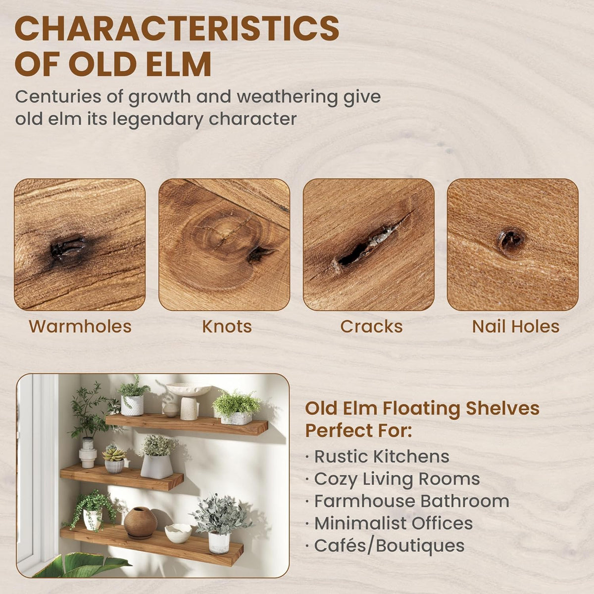 Fun Memories Rustic Elm Wood Floating Shelves for Wall, 48" Floating Shelf Wall Mounted, Long Floating Disply Shelf with Heavy-Duty Bracket for Living Room, Kitchen, Bathroom, Natural Color, Set of 1