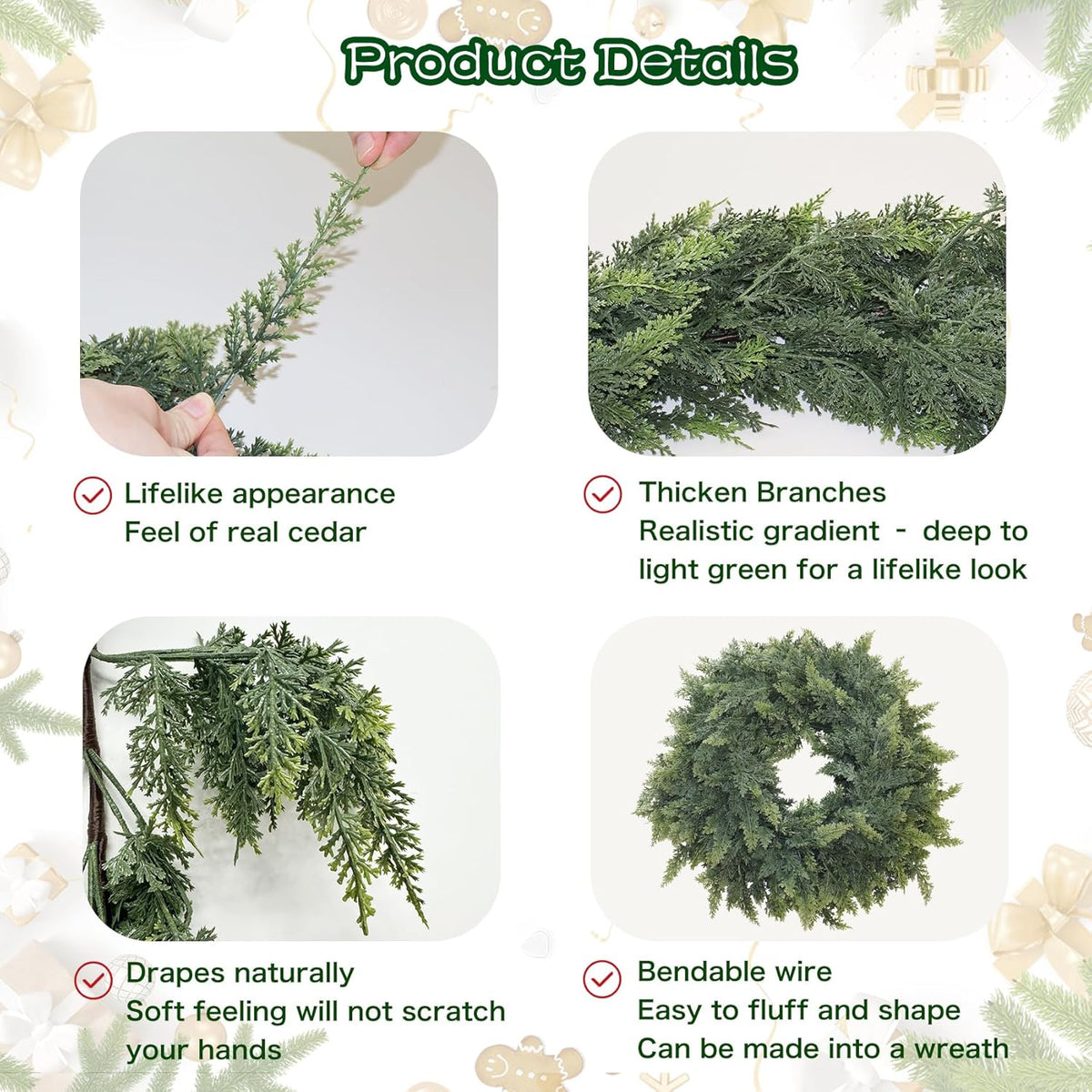 2Pcs 6FT Christmas Cedar Garland Artificial Real Touch Thickness Realistic Greenery Pine Garland for Mantle Fireplace Outdoor Indoor Christmas Decorations