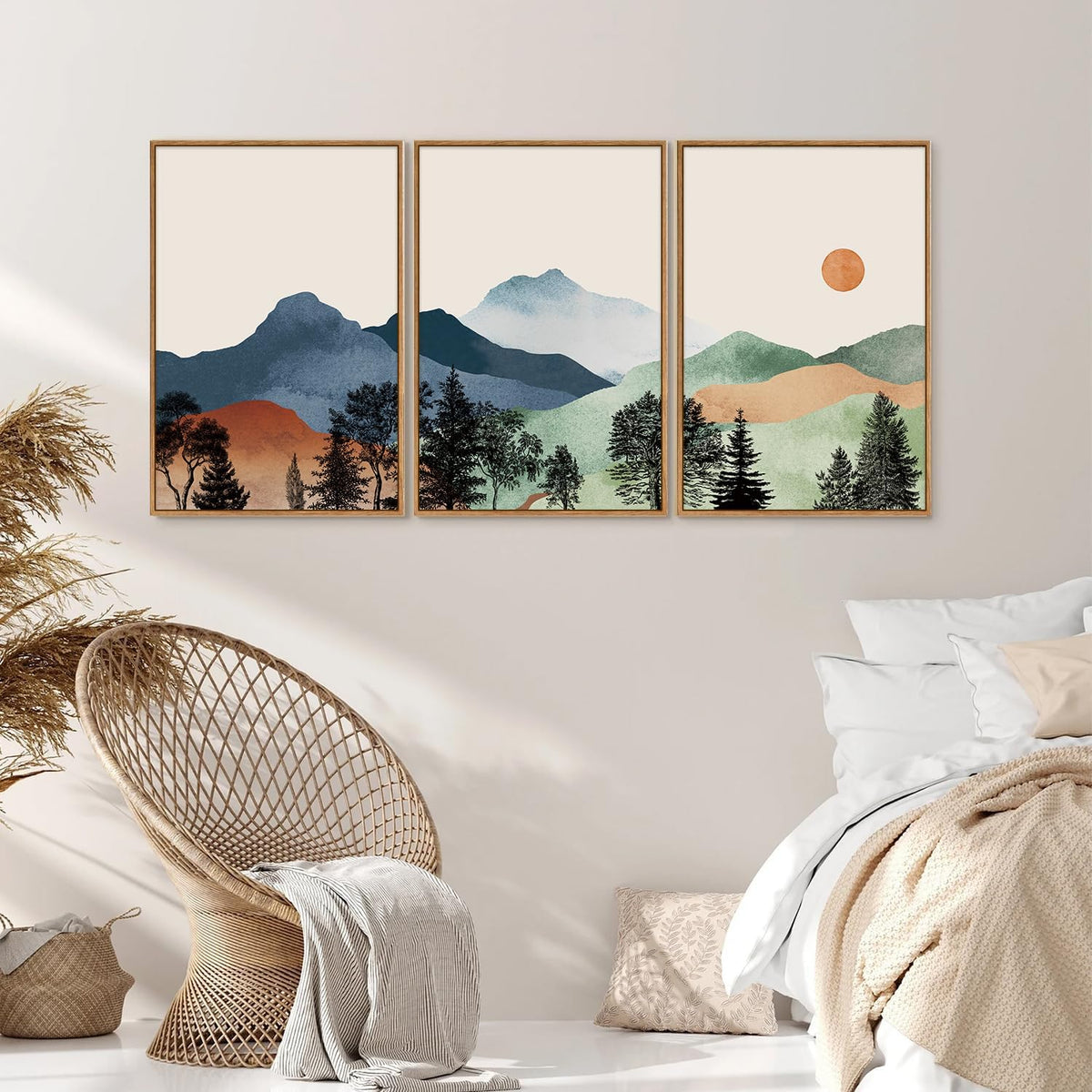 SIGNINART Boho Mountain Framed Canvas Wall Art Set of 3, Watercolor Nature Landscape Set Art Prints, Modern Sunrise Art Paintings, Green Forest Wall Decor for Living Room, Bedroom, Office 16"x24"x3