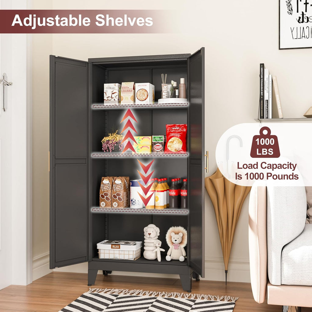 Metal Pantry Cabinet with 2 Doors and Adjustable Shelves, Kitchen Storage cabinets with Gold Handles, Versatile Storage for Laundry Room,Living Room,Bathroom,Dinning Room-Black