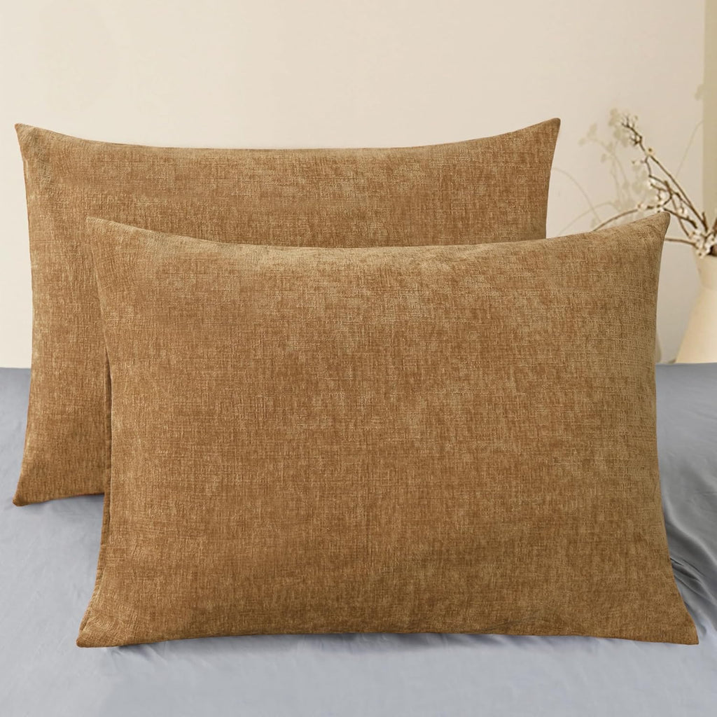 CaliTime Throw Pillow Covers Decorative 20 X 26 Inches Pack of 2 Cozy Chenille Standard Pillow Shams Cases for Couch Sofa Bed Living Room Home Apricot Brown