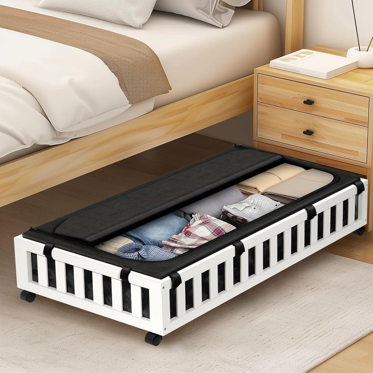 2 Pack Bamboo Under Bed Storage with Wheels, 39”x20”x7.8” Lager Under Bed Storage Containers (White)