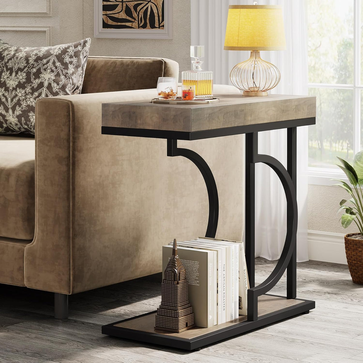 Tribesigns Narrow Side Table C Shaped End Table Modern Bedside Tables for Couch, Small Sofa Chairside Tables with Metal Frame for Living Room (1, Gray+Black)