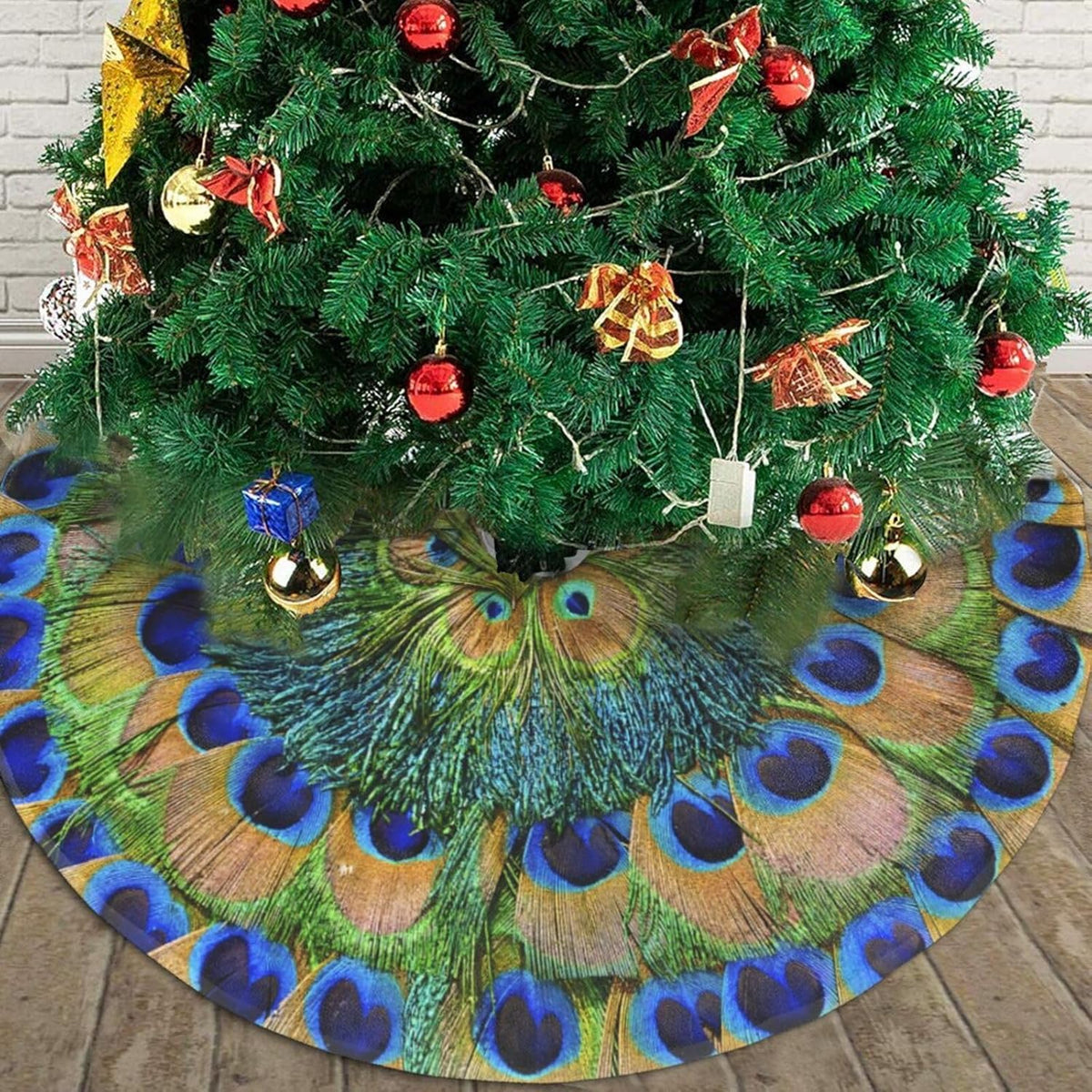 Christmas Tree Skirt,Peacock Feathers Circle Xmas Tree Skirt Rustic Farmhouse Tree Skirt for Christmas Decor Xmas Holiday Home Party Decorations48